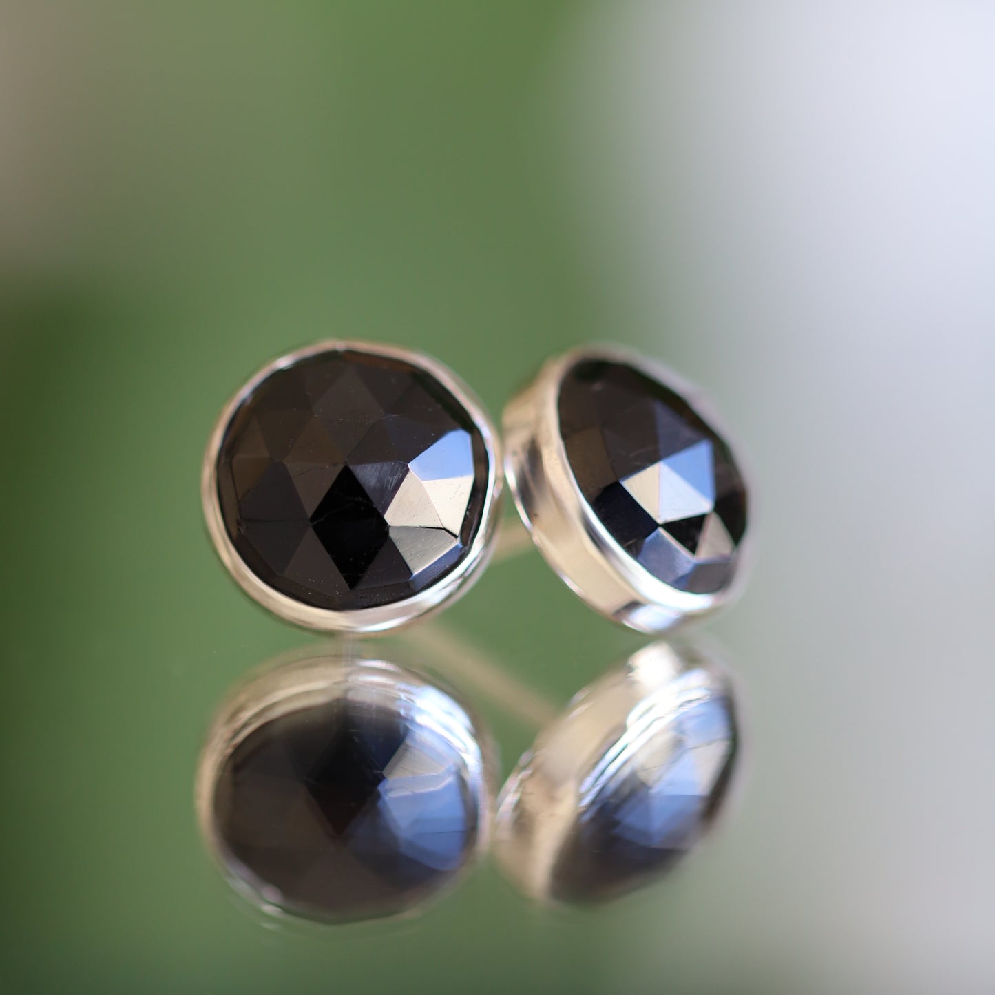 Black Tourmaline Stud Earrings, Rose Cut