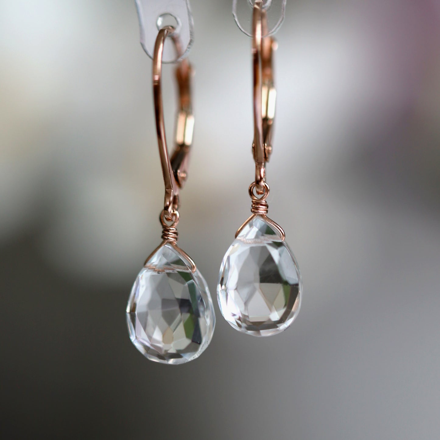 14k Rose Gold Clear Quartz Earrings