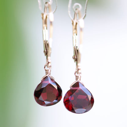 14k Gold Leverback Garnet Earrings