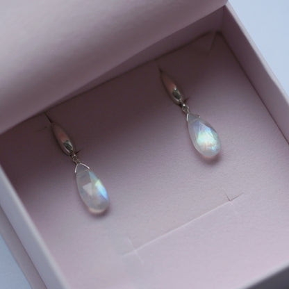 Large Rainbow Moonstone Earrings, 14k Gold