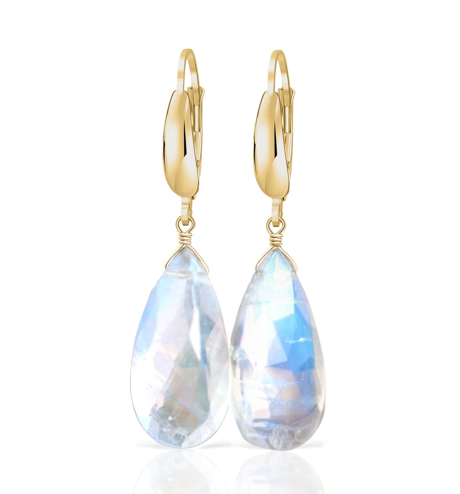 Large Rainbow Moonstone Earrings, 14k Gold