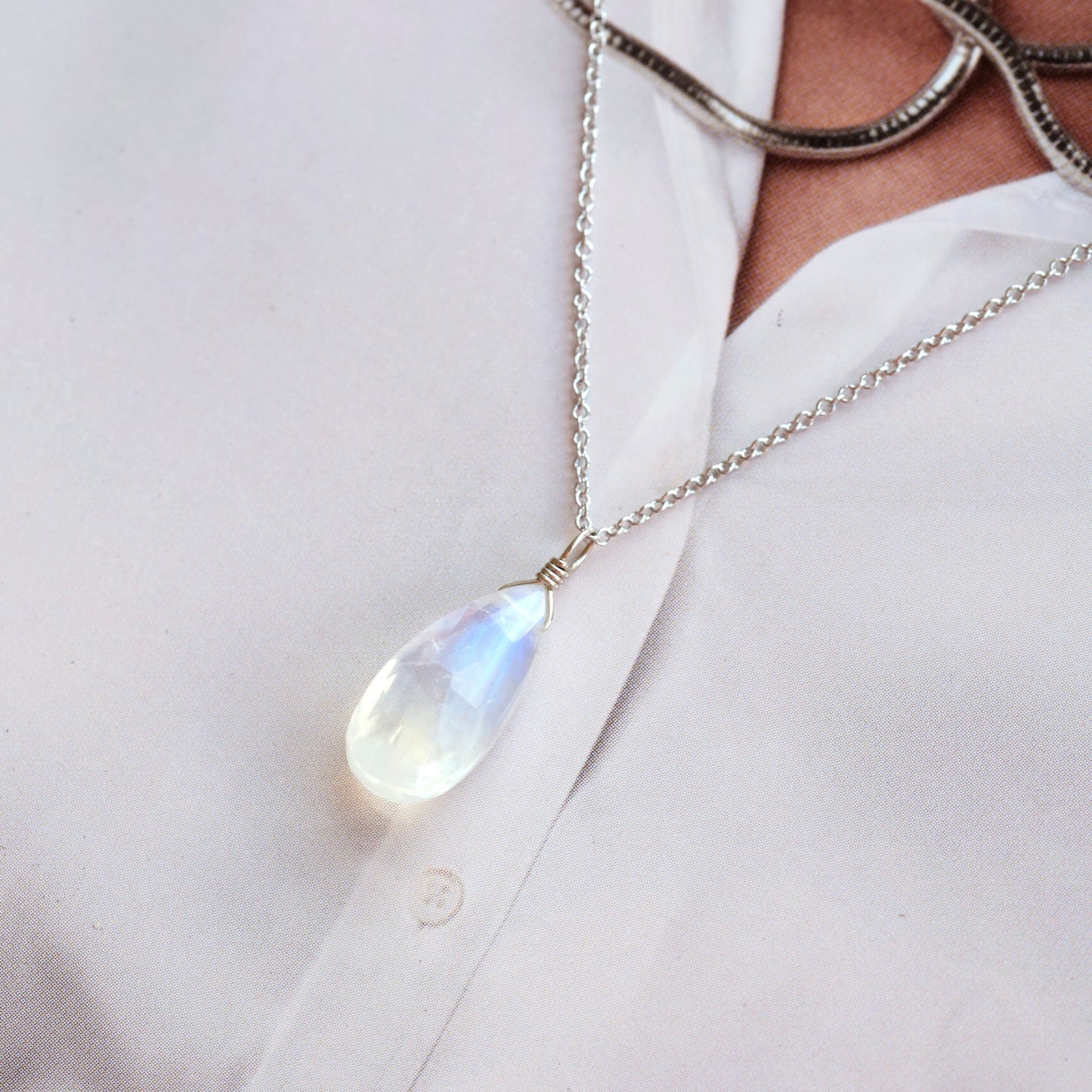 Large Rainbow Moonstone Pendant Necklace