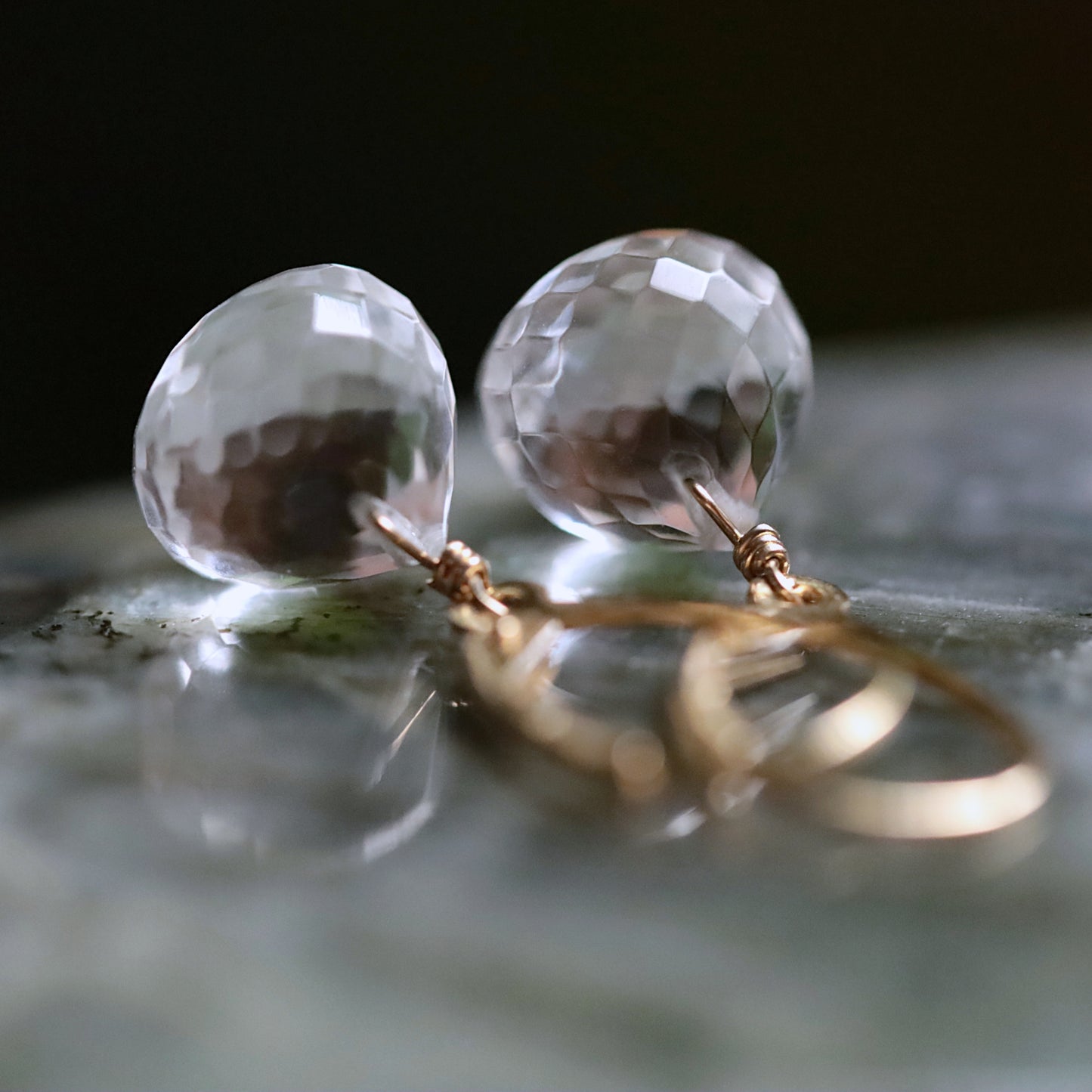 14k Gold Rock Crystal Dangle Earrings with Leverback Closure, Clear Quartz Earrings
