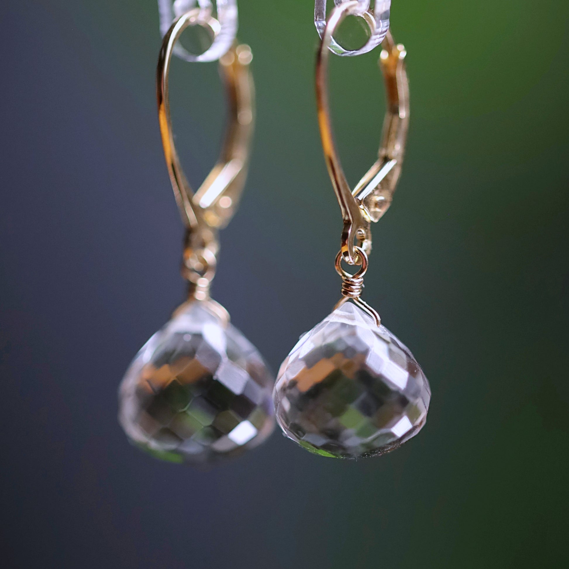 14k Gold Rock Crystal Dangle Earrings with Leverback Closure, Clear Quartz Earrings