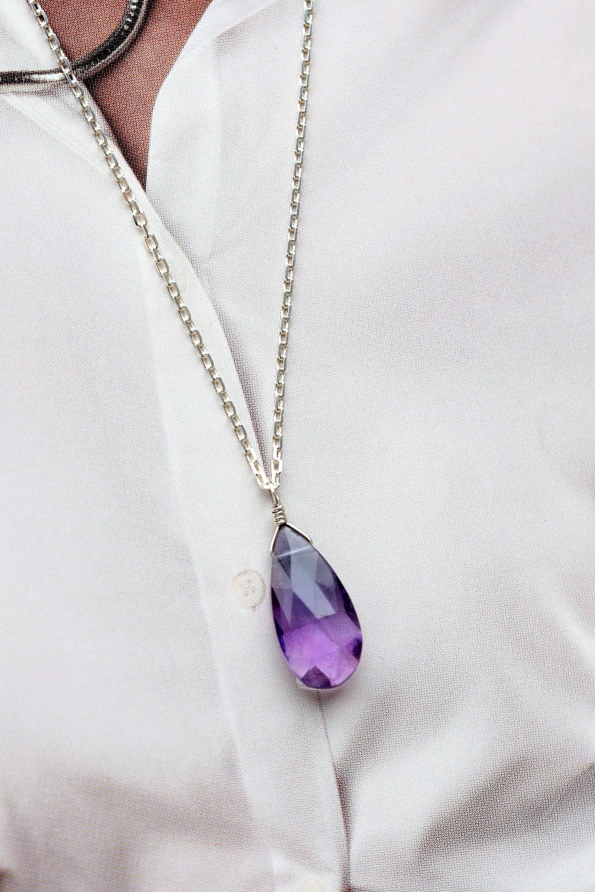 Large 14k Gold Amethyst Necklace, Tear Drop Pendant, February Birthstone, Crystal Necklace, Handmade Jewelry Gift for Women