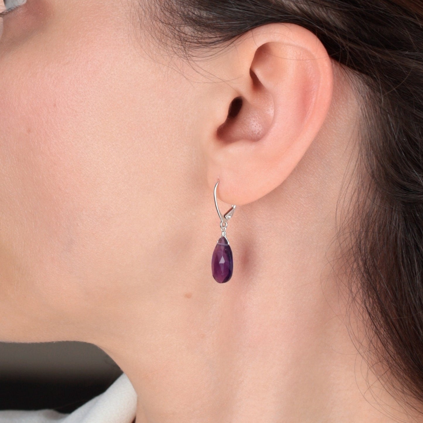 14k Gold Large Amethyst Earrings, Solid 14k Rose Gold or White Gold Leverback Earrings, Gift for Women