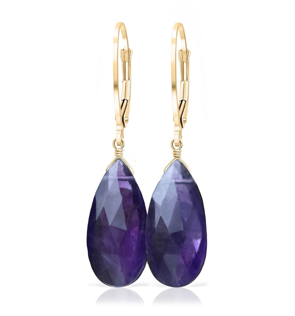 14k Gold Large Amethyst Earrings, Solid 14k Rose Gold or White Gold Leverback Earrings, Gift for Women