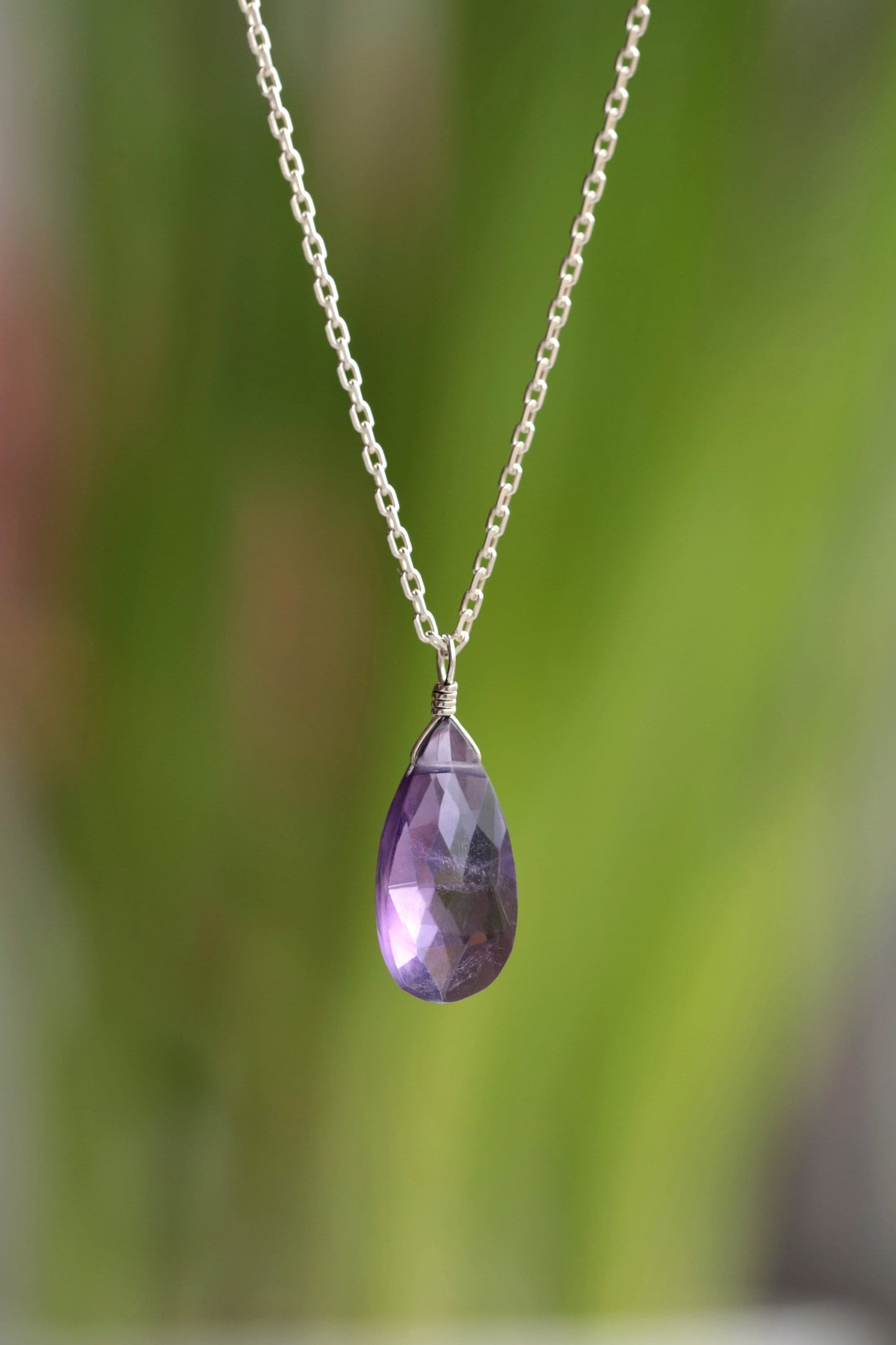 Large 14k Gold Amethyst Necklace, Tear Drop Pendant, February Birthstone, Crystal Necklace, Handmade Jewelry Gift for Women