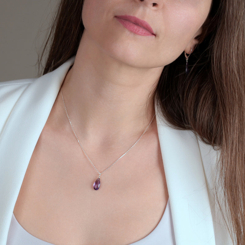 Large 14k Gold Amethyst Necklace, Tear Drop Pendant, February Birthstone, Crystal Necklace, Handmade Jewelry Gift for Women