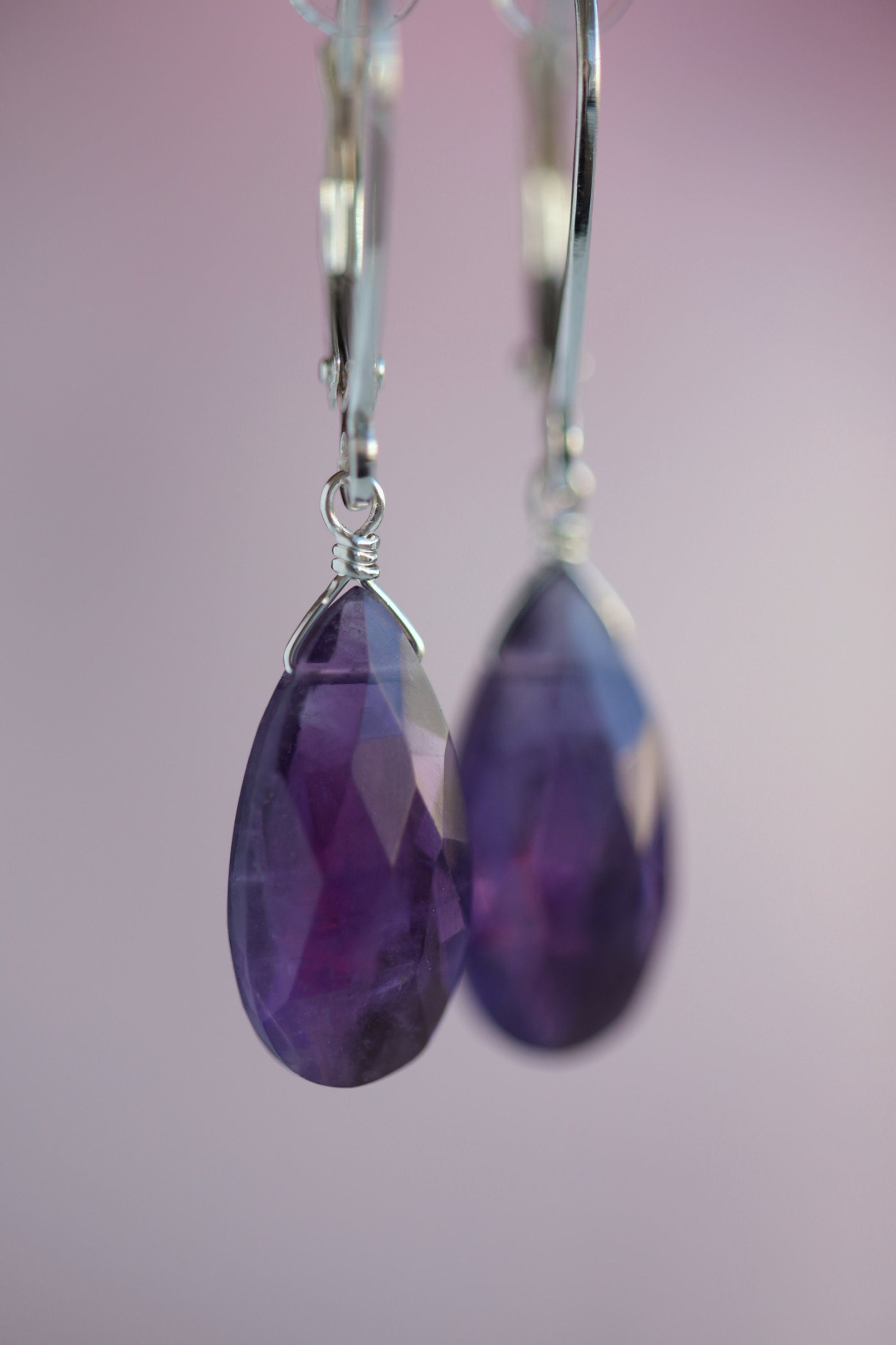 14k Gold Large Amethyst Earrings, Solid 14k Rose Gold or White Gold Leverback Earrings, Gift for Women