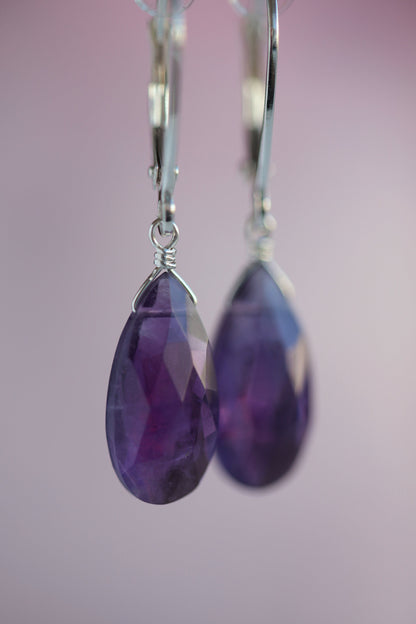 14k Gold Large Amethyst Earrings, Solid 14k Rose Gold or White Gold Leverback Earrings, Gift for Women