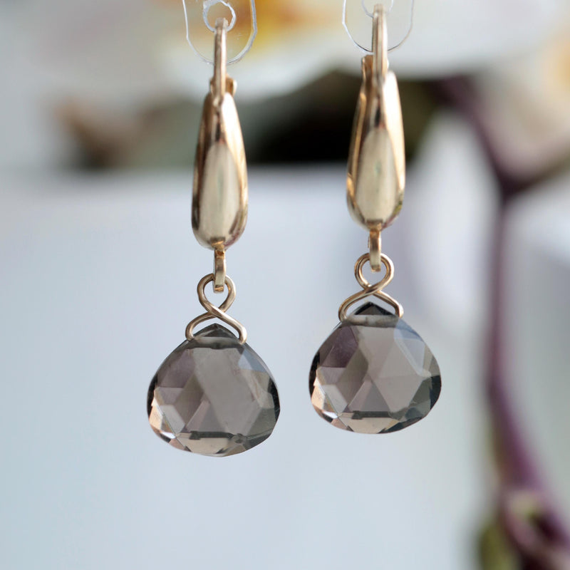 14k Gold Smoky Quartz Earrings, Huggie Earrings, Leverback Earrings, Smoky Topaz in Solid White Gold, Rose Gold, Handmade Jewelry