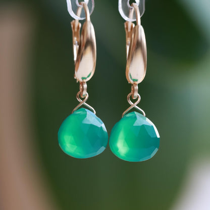 14k Gold Green Onyx Earrings, Huggie Earrings, Emerald Green Dangle Earrings, Solid 14K White Gold, Rose Gold Earrings, Handmade Jewelry