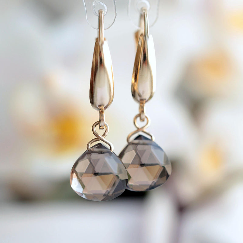 14k Gold Smoky Quartz Earrings, Huggie Earrings, Leverback Earrings, Smoky Topaz in Solid White Gold, Rose Gold, Handmade Jewelry