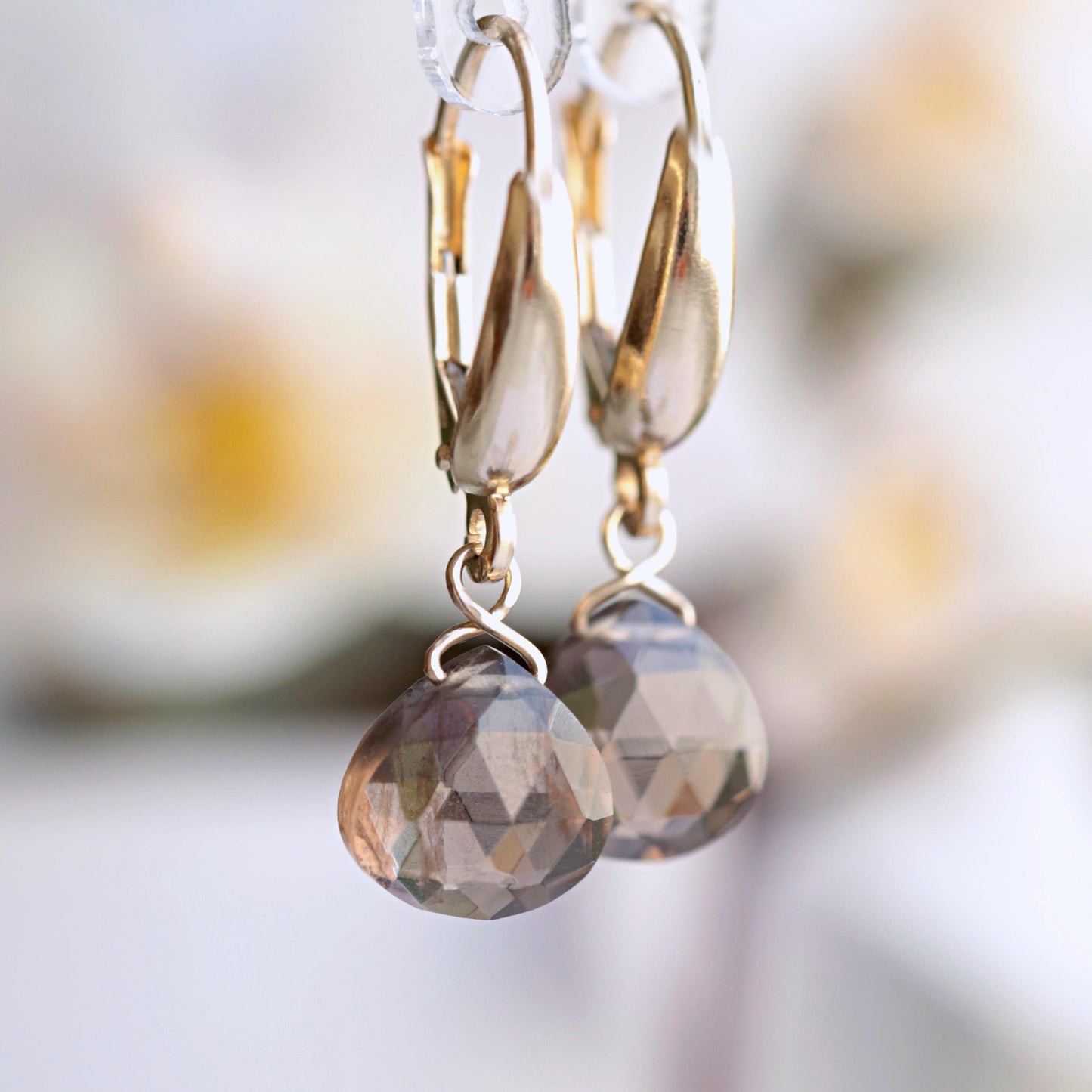 14k Gold Smoky Quartz Earrings, Huggie Earrings, Leverback Earrings, Smoky Topaz in Solid White Gold, Rose Gold, Handmade Jewelry