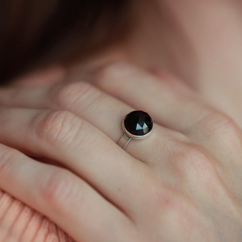 Natural Black Tourmaline Ring, October Birthstone, Grounding, Empath Protection, Faceted Shorl, Sterling Silver Solitaire Statement Ring