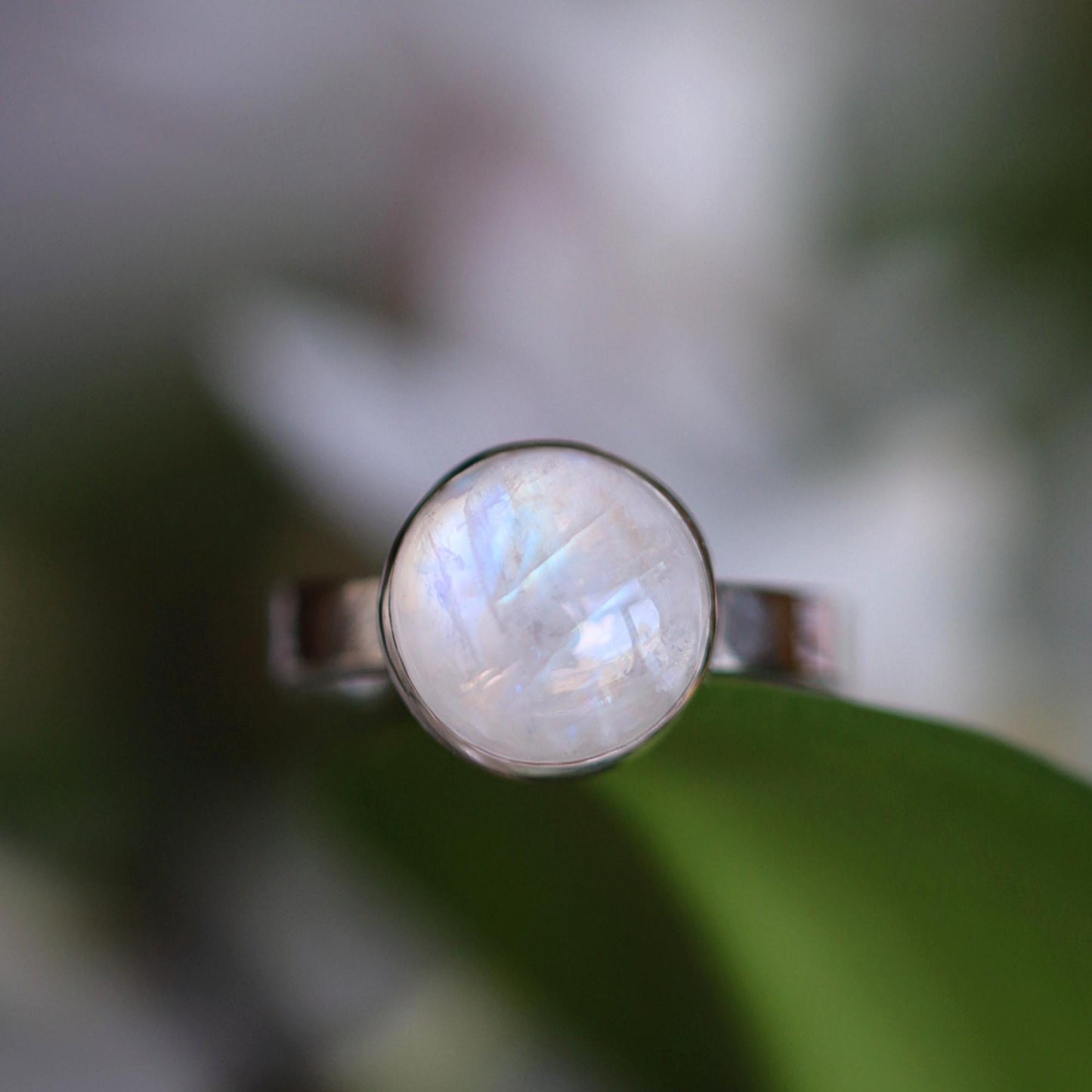 Natural Rainbow Moonstone Ring, June Birthstone, Spiritual Ring, Sterling Silver, 10mm Solitaire Statement Ring