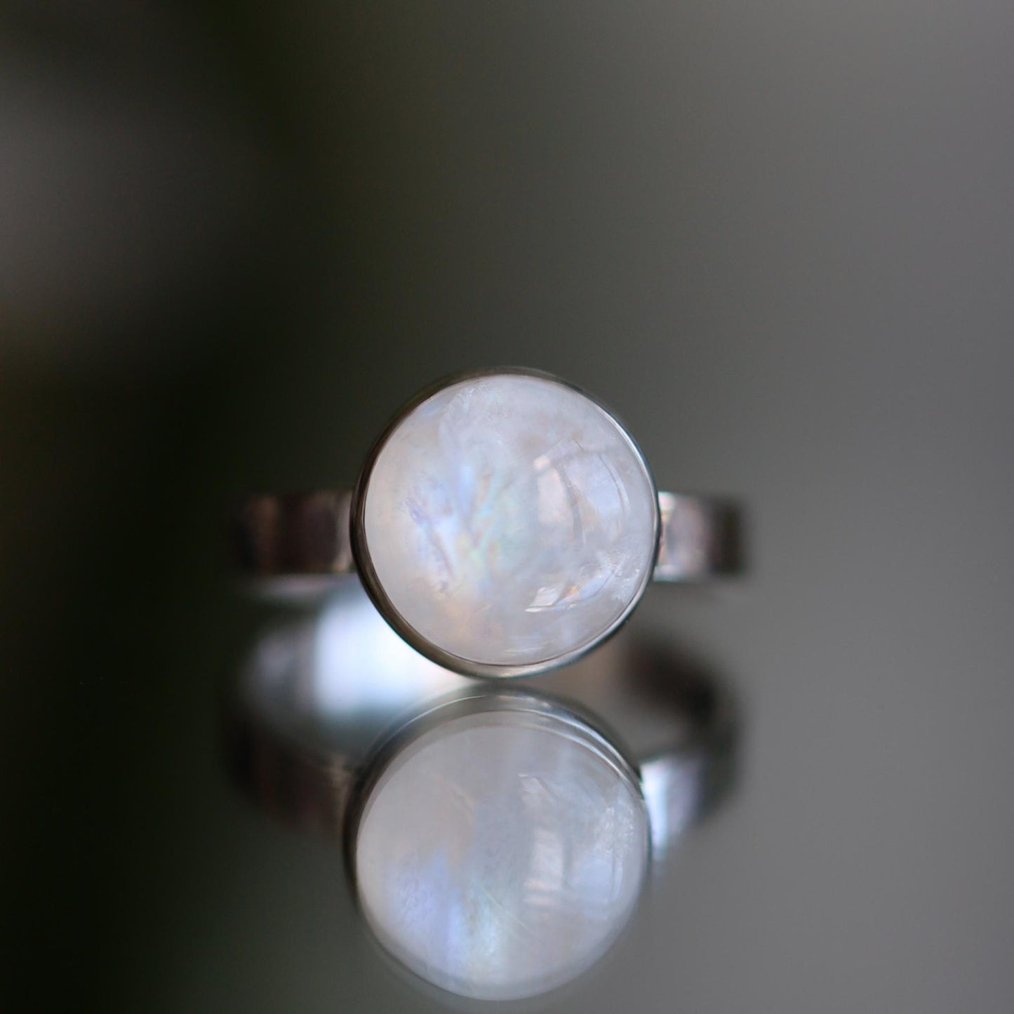 Natural Rainbow Moonstone Ring, June Birthstone, Spiritual Ring, Sterling Silver, 10mm Solitaire Statement Ring