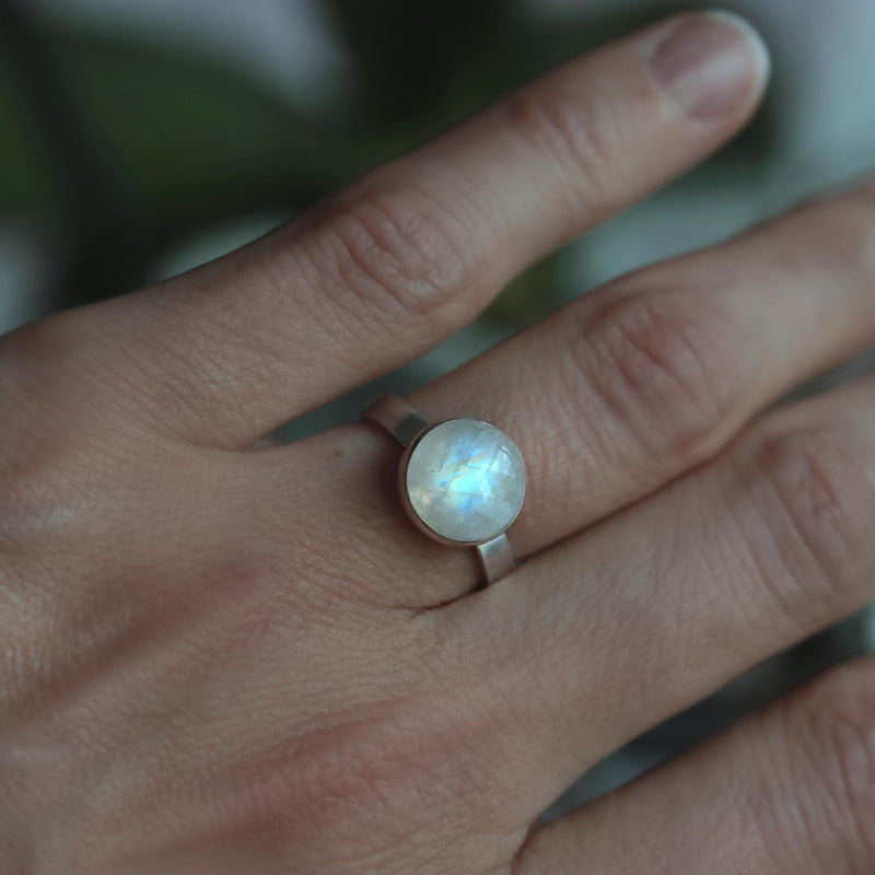 Natural Rainbow Moonstone Ring, June Birthstone, Spiritual Ring, Sterling Silver, 10mm Solitaire Statement Ring