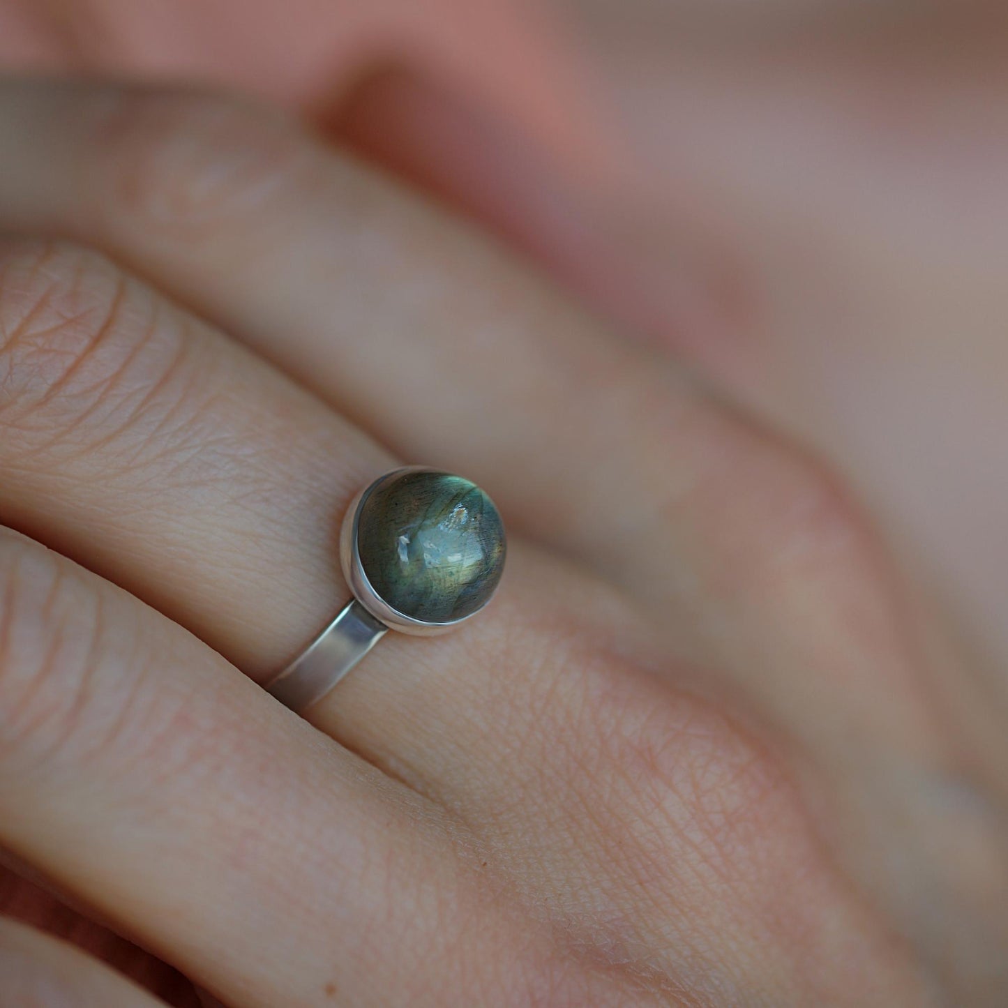 Natural Labradorite Ring, Sterling Silver Spiritual Ring, 10mm Solitaire Statement Ring