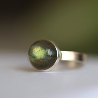 Natural Labradorite Ring, Sterling Silver Spiritual Ring, 10mm Solitaire Statement Ring