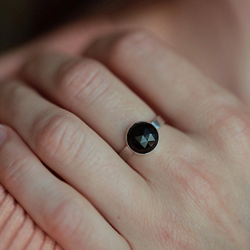 Natural Black Tourmaline Ring, October Birthstone, Grounding, Empath Protection, Faceted Shorl, Sterling Silver Solitaire Statement Ring