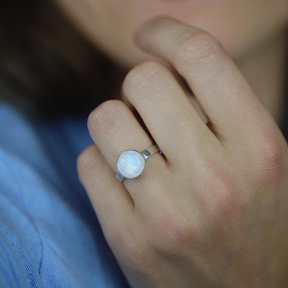 Natural Rainbow Moonstone Ring, June Birthstone, Spiritual Ring, Sterling Silver, 10mm Solitaire Statement Ring