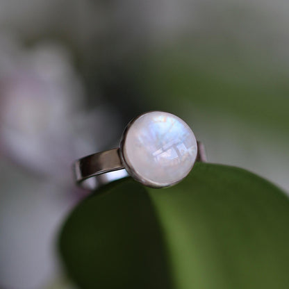 Natural Rainbow Moonstone Ring, June Birthstone, Spiritual Ring, Sterling Silver, 10mm Solitaire Statement Ring