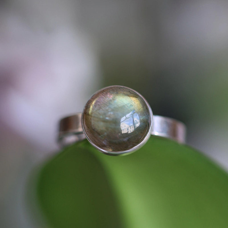 Natural Labradorite Ring, Sterling Silver Spiritual Ring, 10mm Solitaire Statement Ring