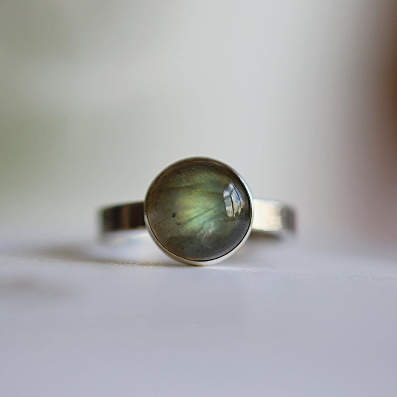 Natural Labradorite Ring, Sterling Silver Spiritual Ring, 10mm Solitaire Statement Ring