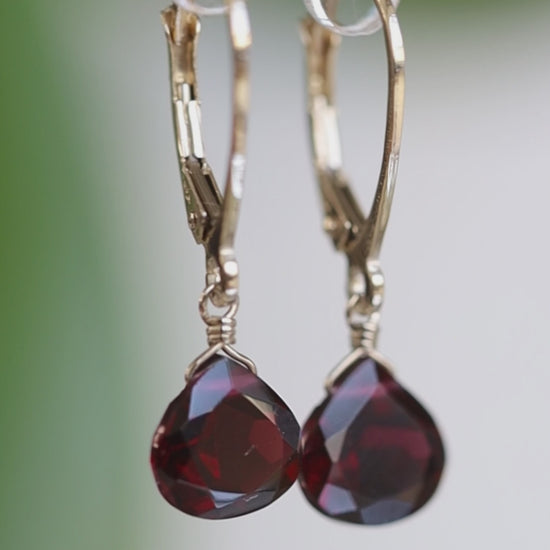 14k Gold Garnet Earrings with Leverback closure