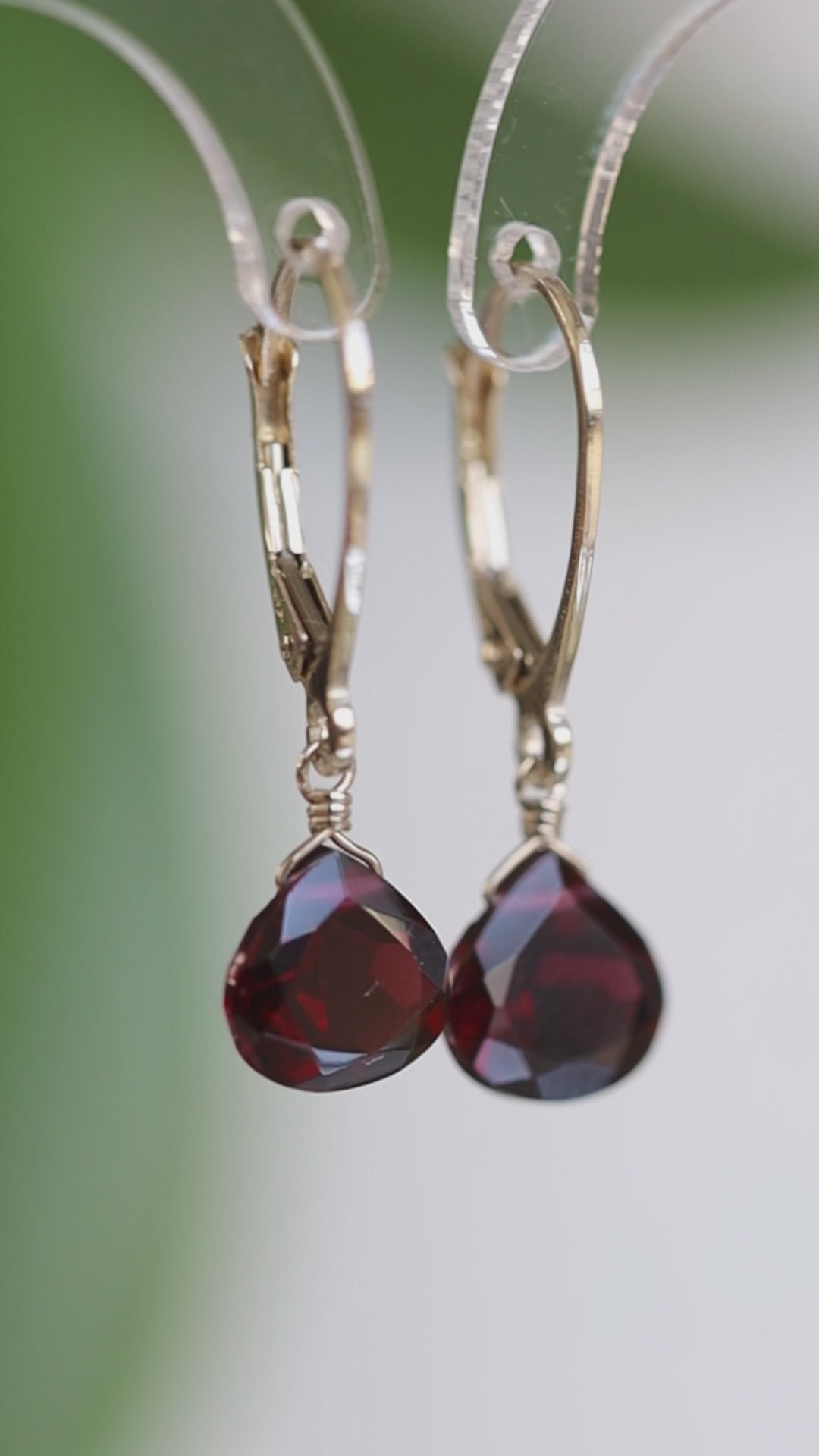 14k Gold Garnet Earrings with Leverback closure