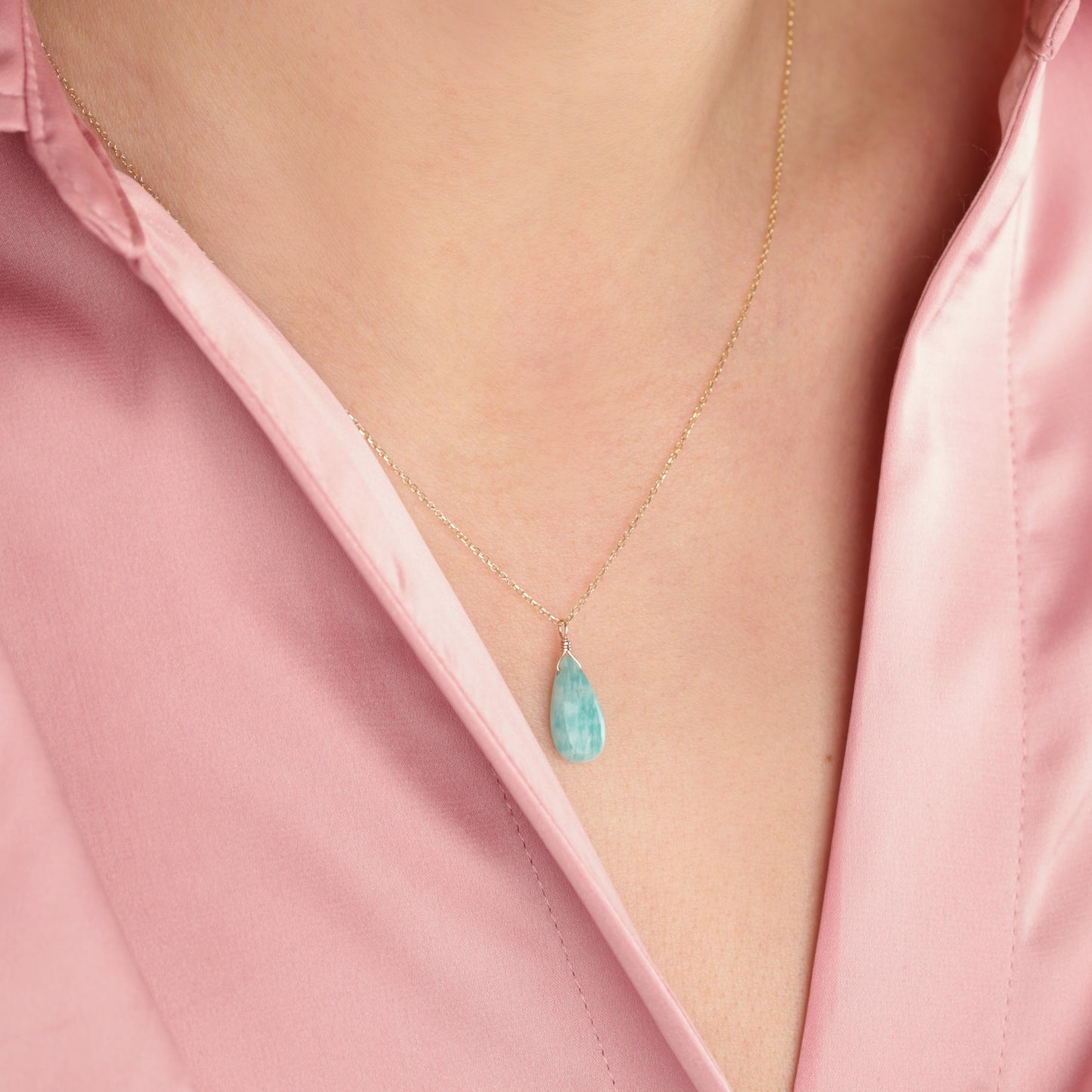 Large Amazonite Pendant Necklace in 14k Gold