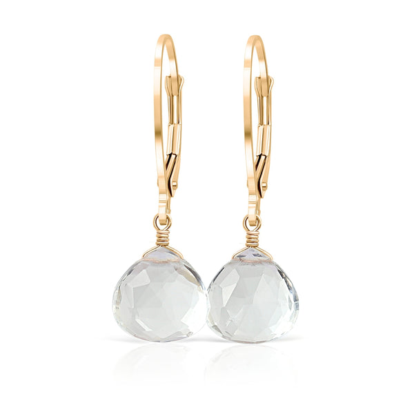 Aquamarine and Smokey Quartz Faceted Lever Back Earring / Dangle Drop  Teardrop Solid 14k Yellow Gold. 