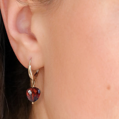 Heart Garnet Huggie Earrings in 14k Gold