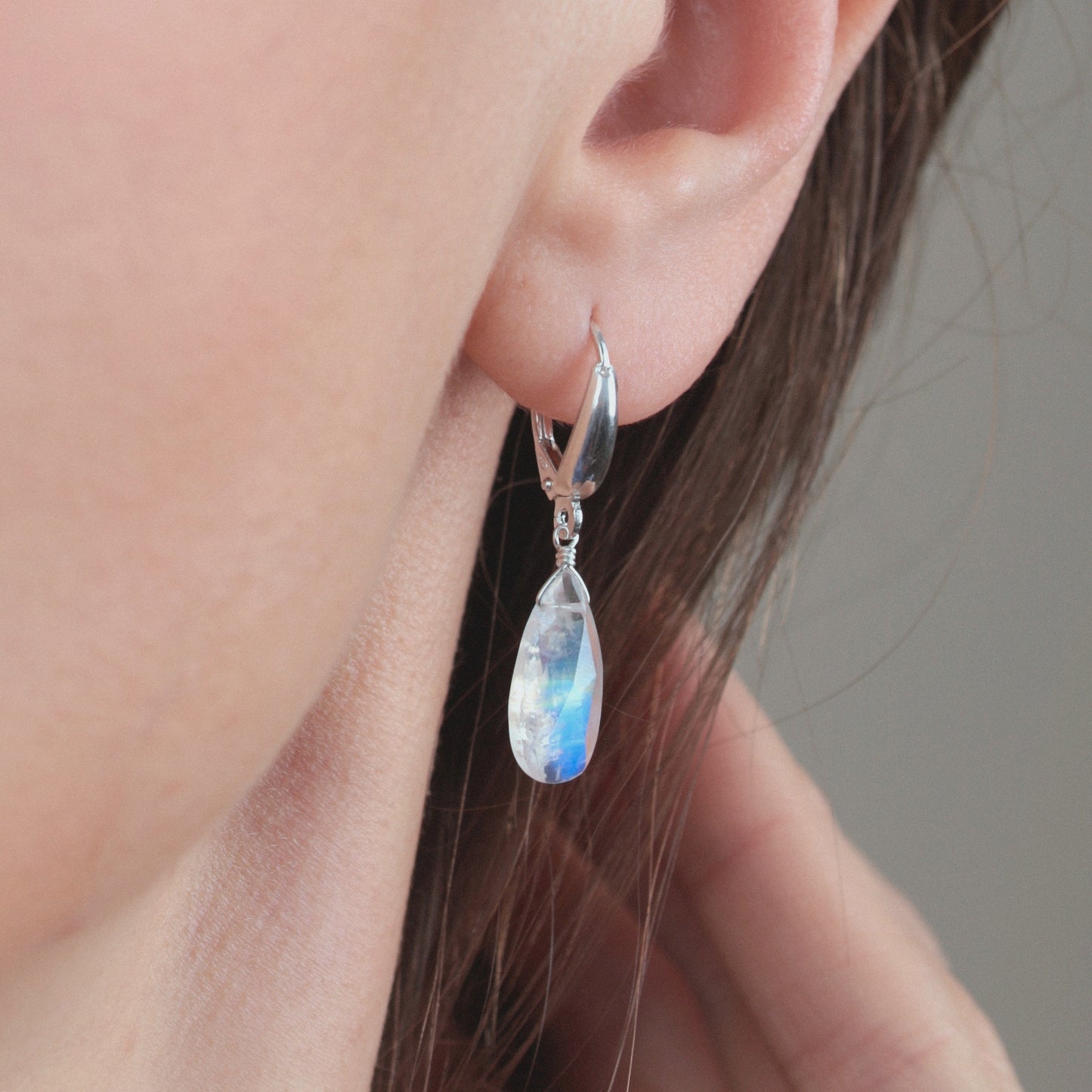 Large Rainbow Moonstone Earrings, 14k Gold