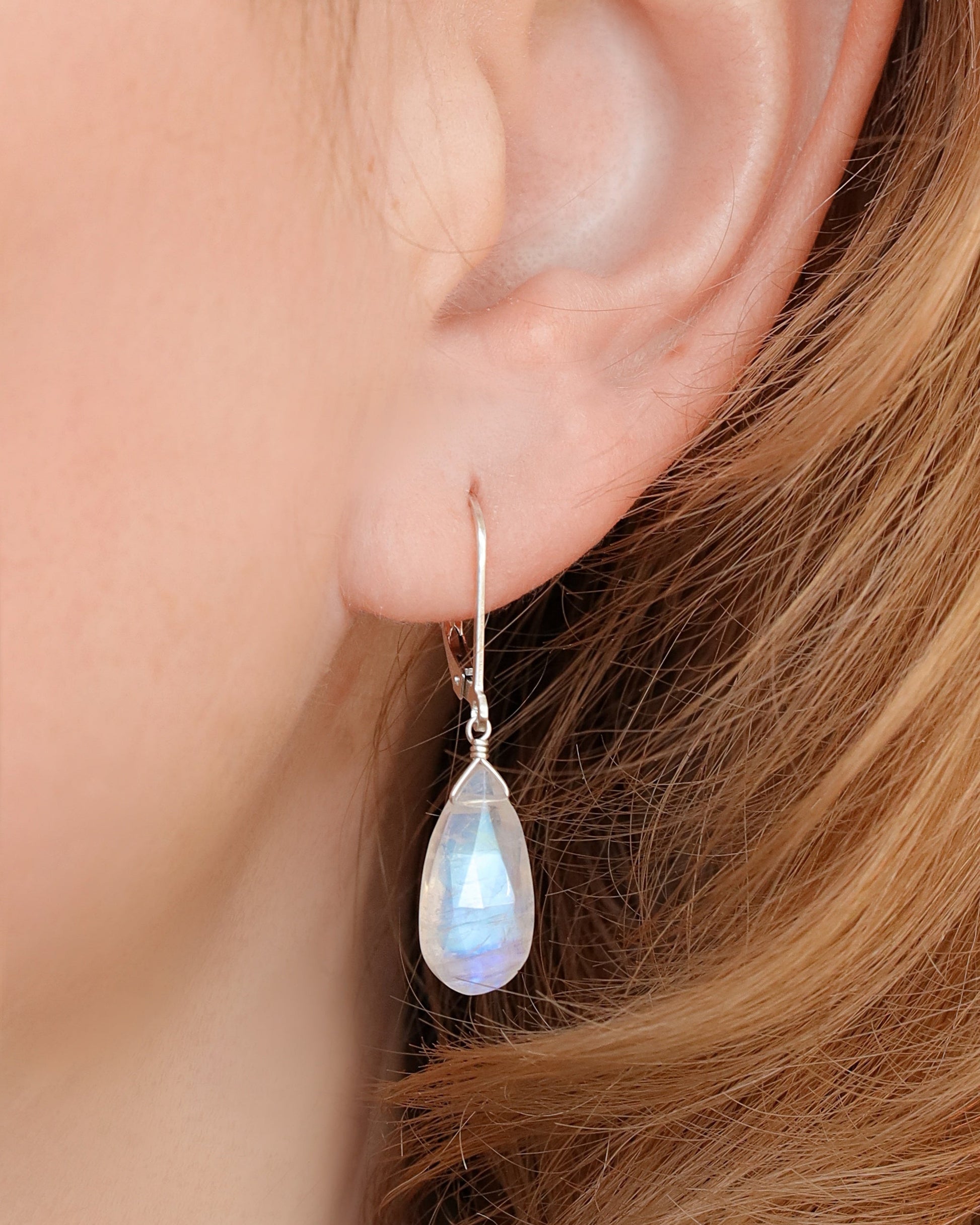 Large Rainbow Moonstone Earrings, 14k White Gold