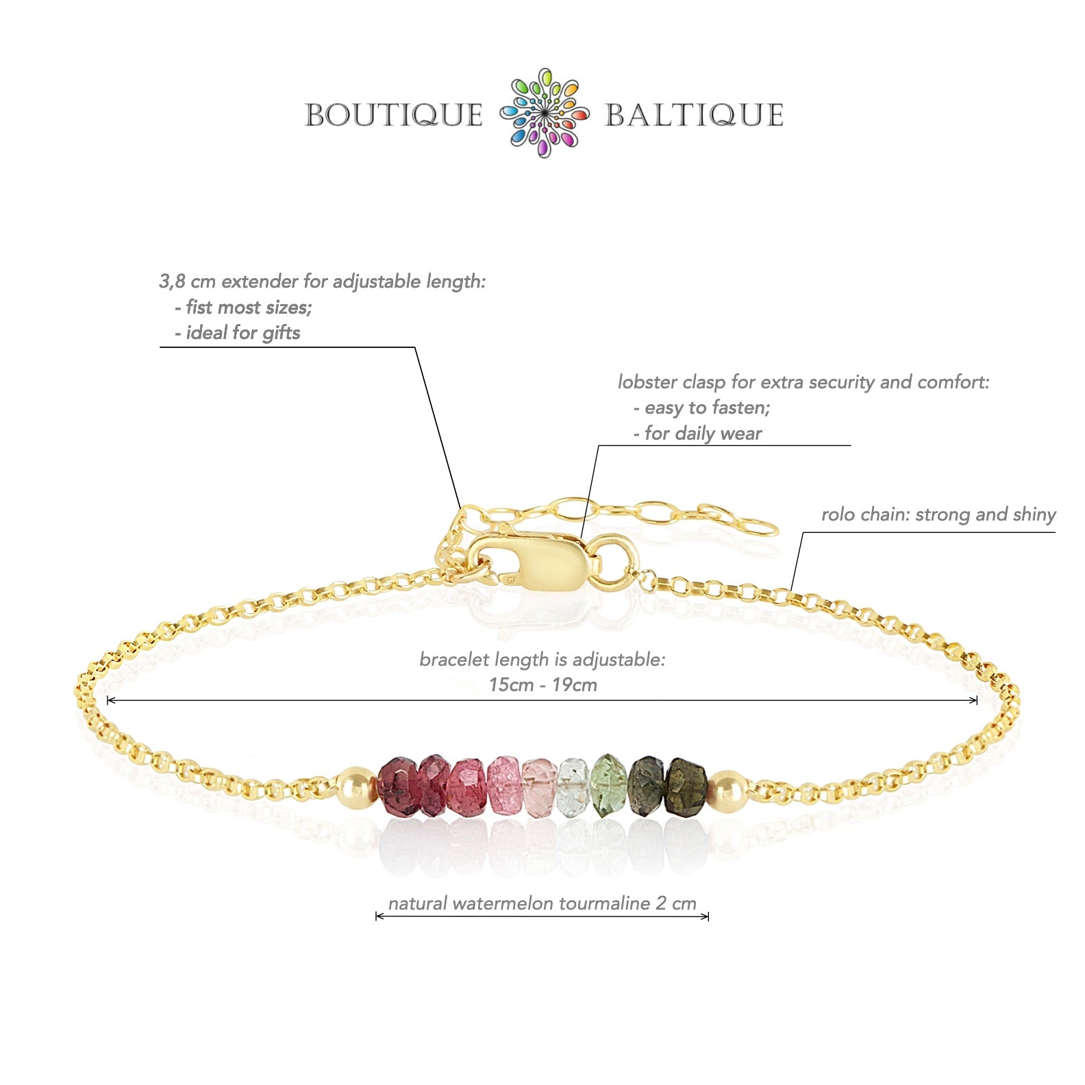 Watermelon Tourmaline Bracelet with initials in Gold - Boutique Baltique