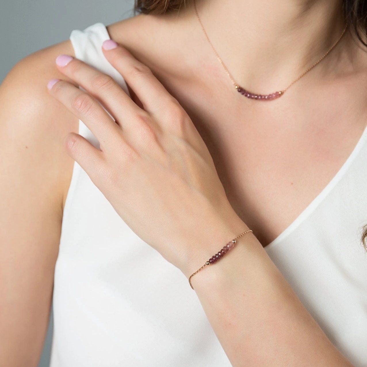 Rubelite Pink Tourmaline Bracelet with initials in Rose Gold - Bouqitue Baltique