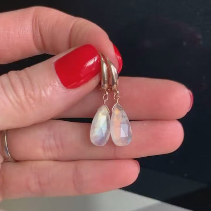 NEW! Large Rainbow Moonstone Earrings, 14k Gold Huggie Earrings, Rose Gold, White Gold, Sterling Silver, June Birthstone, Tear Drop Earrings