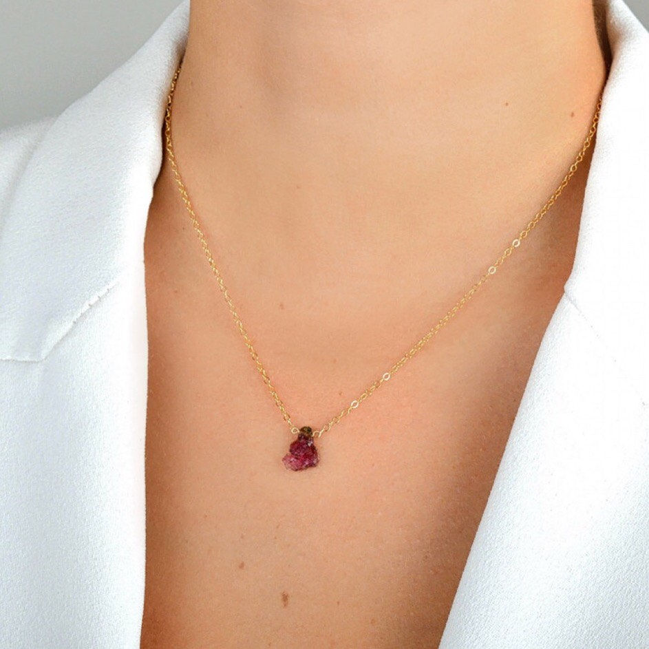 Raw Watermelon Tourmaline Necklace in 14k Gold, Model