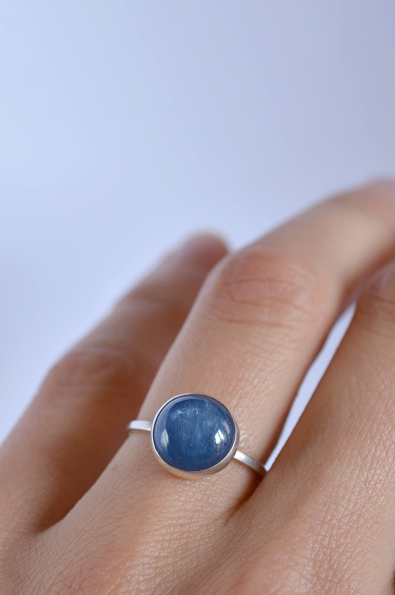 Natural Kyanite Ring, Round Solitaire Blue Kyanite Statement Ring in Sterling Silver, Gift For Women