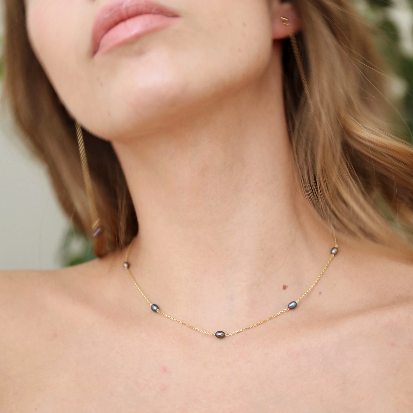 JUNO Baby Pearl Choker Necklace, 5 Dainty Black Freshwater Pearl Necklace