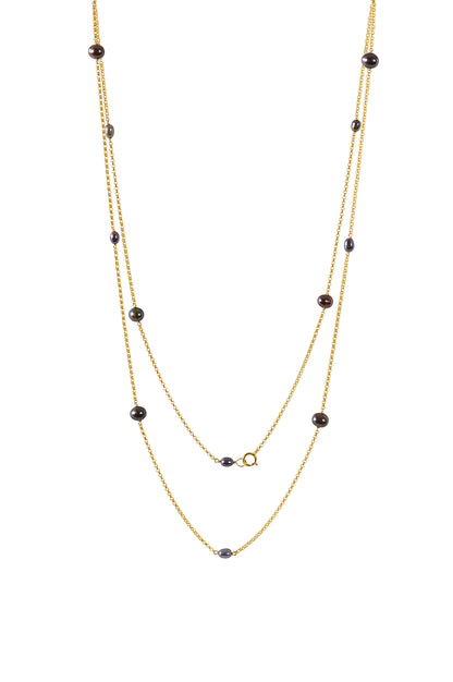 JUNO Long Pearl Necklace, Black Freshwater Pearl Necklace, Opera Length, in 14k Gold, Rose Gold or Sterling Silver