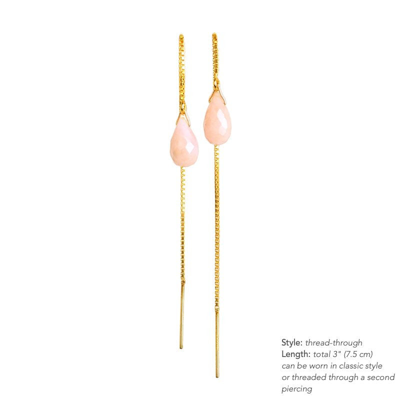 Pink Opal Threader Earrings in 14k Solid Gold, Rose Gold or Sterling Silver - October Birthstone - &quot;Splash&quot; - Gift for Women