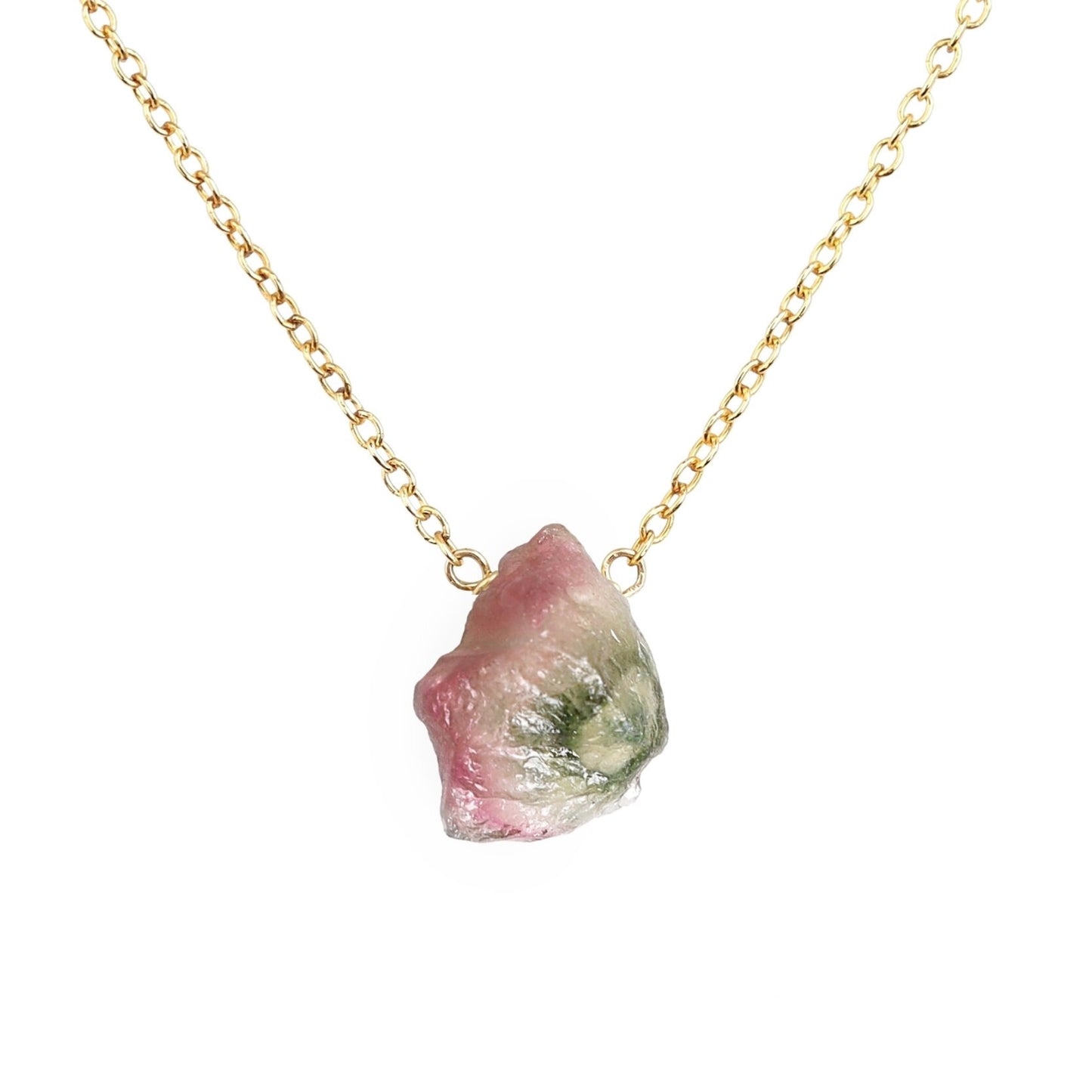 Raw Watermelon Tourmaline Necklace in 14k Gold