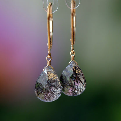 Black Rutilated Quartz Earrings, Healing Crystal Earrings in 14k Gold, 14k Rose Gold or Sterling Silver, April Birthstone, Gift For Women