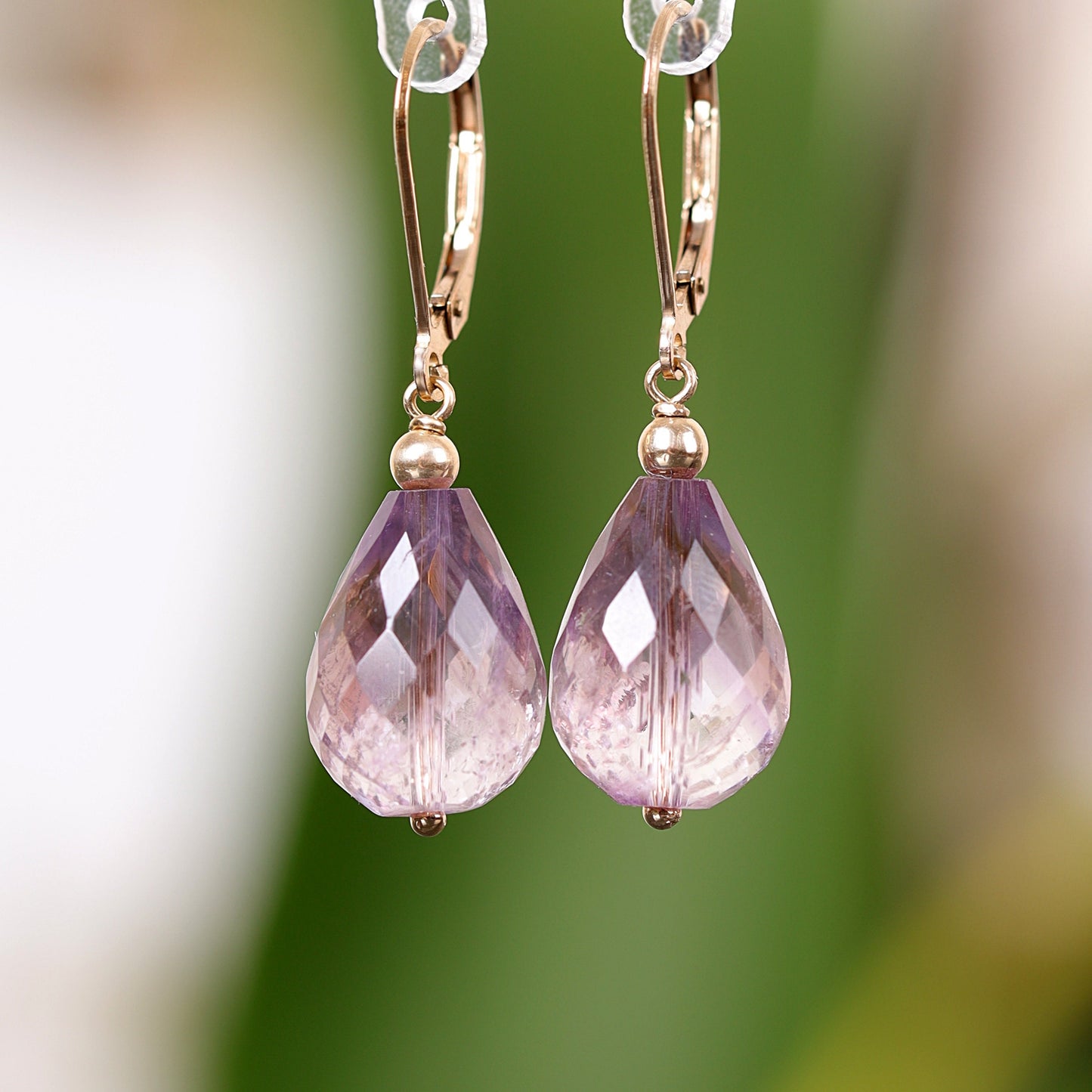 Pink Amethyst Earrings, 14k Gold Earrings, Large Bridal Earrings, Leverback Earrings, Lavender Earrings, Solid Gold Earrings