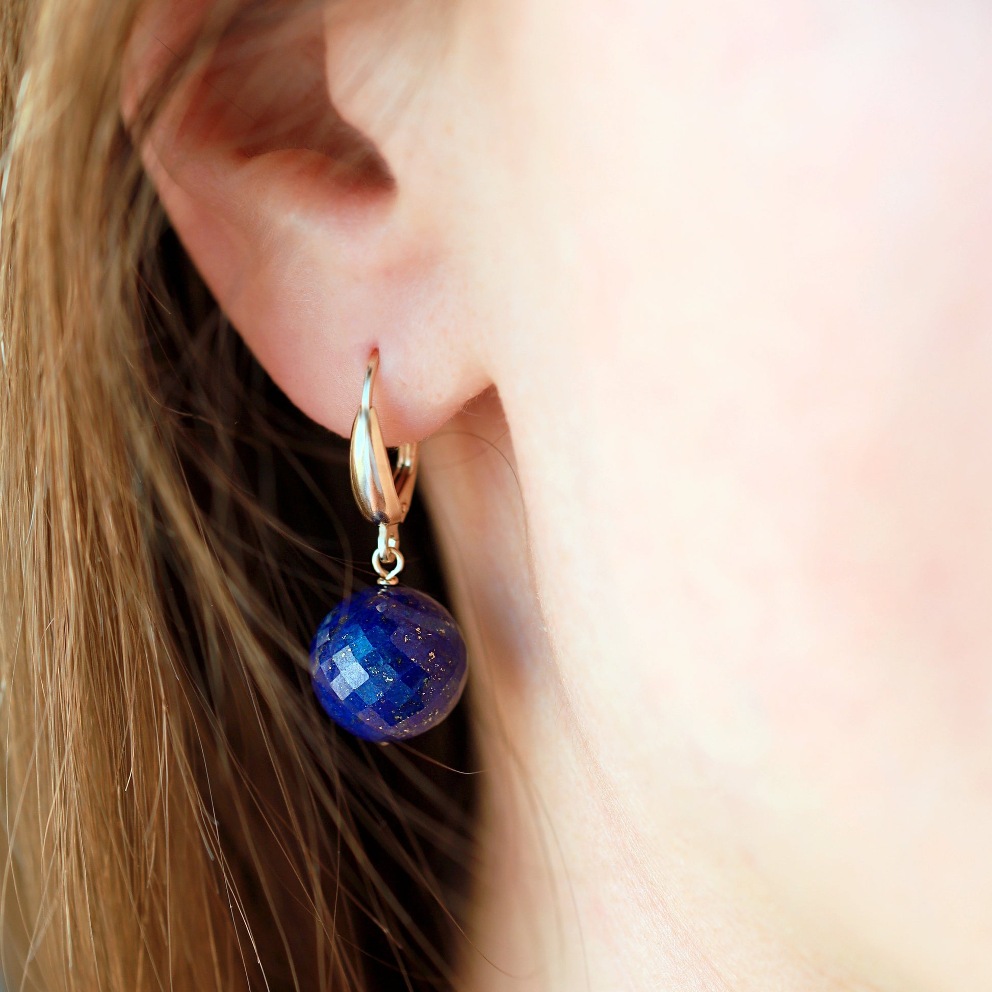 14k Gold Lapis Lazuli Earrings, Disco Ball Earrings, Solid Rose Gold, Dangle Drop Earrings, Handmade Jewelry